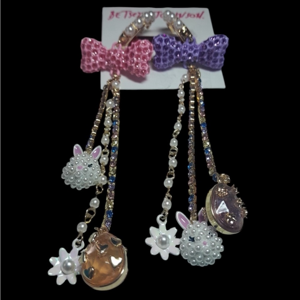 BETSEY JOHNSON Easter Holiday Spring Bunny Rabbit Eggs Dangling Earrings NEW NWT - Picture 5 of 8